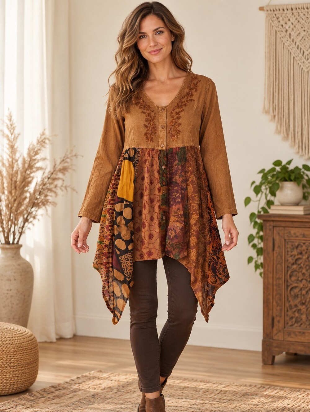 511. Young Threads Boho Patchwork Tunic Top - Brown